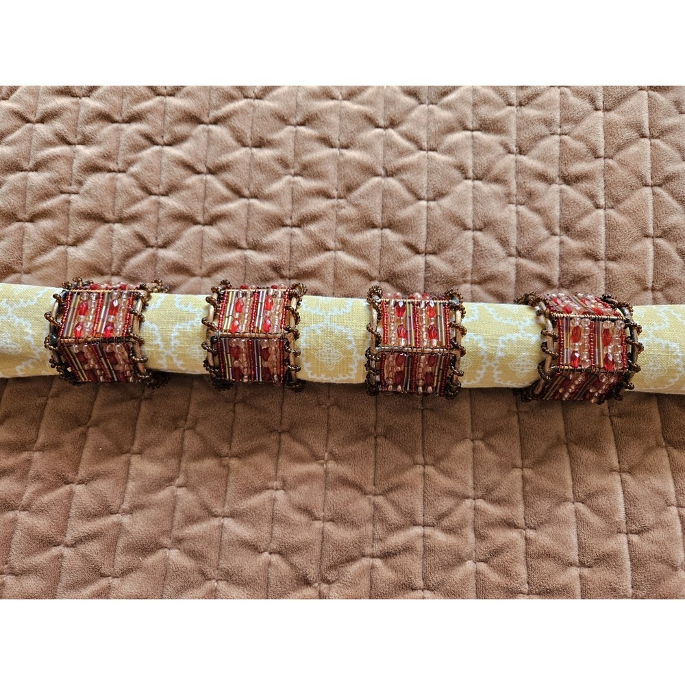 Lot of 12 Pier 1 Moroccan BOHO Beaded Napkin Rings Red & Copper Beautiful